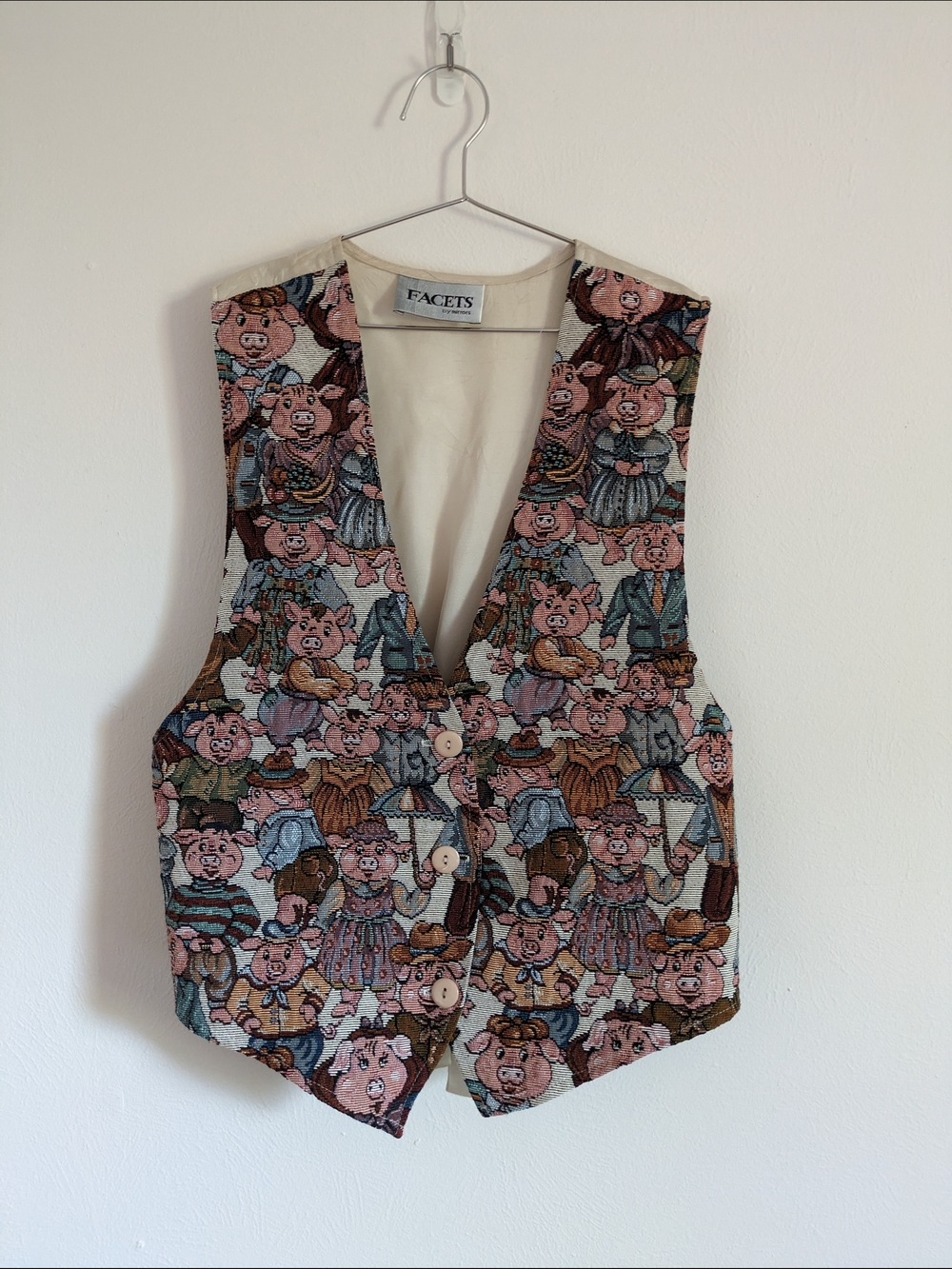 Facets Vintage Women's Novelty Tapestry Vest - Multicolor Pig Motif